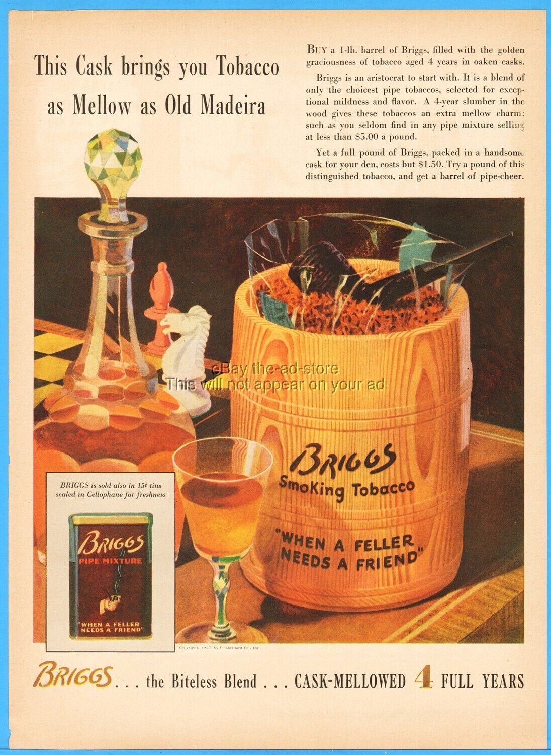 1937 Briggs Lorillard Pipe Tobacco 30s Print Ad Barrel Tin Chess Theme Smoking