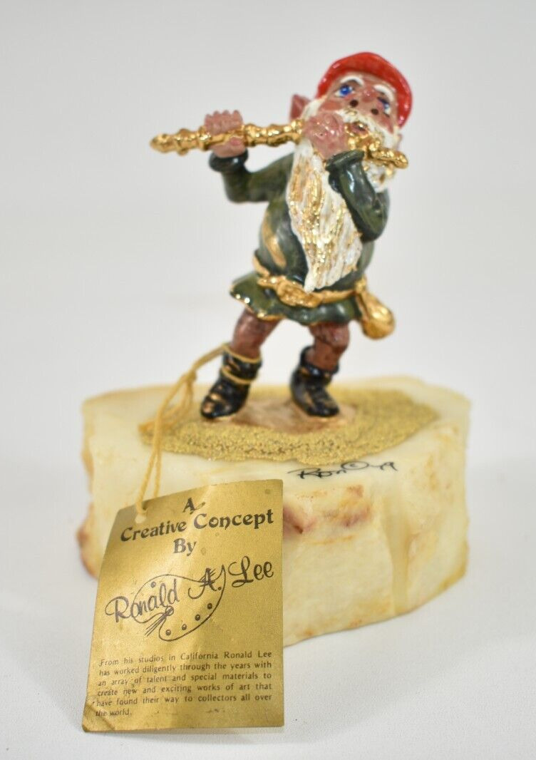 Vtg 1979 Ron Lee Gnome Elf Playing Flute Figurine Gold Plated Handpainted Signed