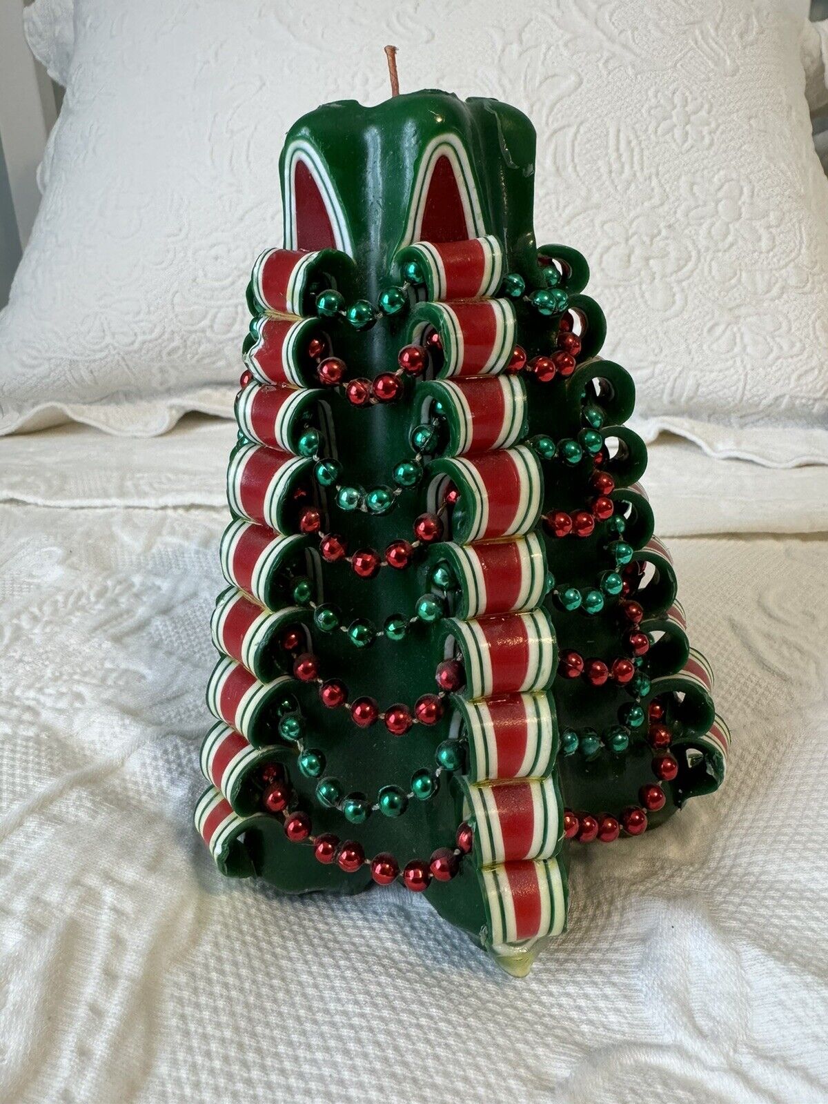 Vintage Ribbon Christmas Tree Candle with Beads