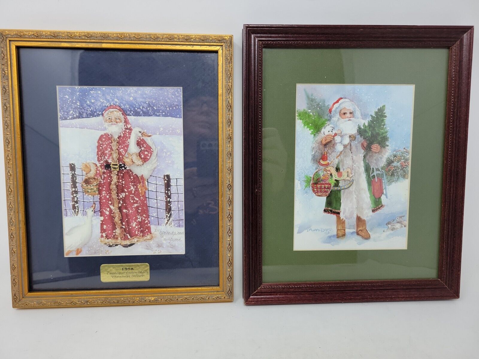 Two Vintage Framed Matted Santa Claus Prints Signed RARE Metz Wood/Dana Barton