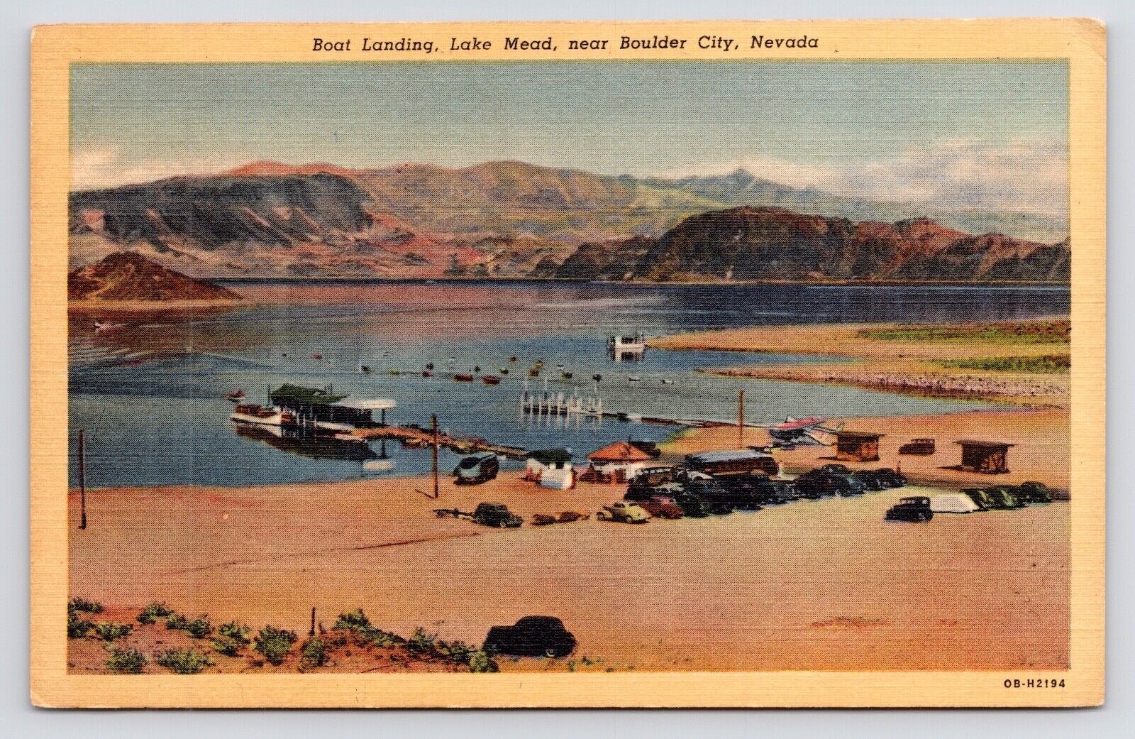 c1940s~Boulder City Nevada NV~Lake Mead~Boat Landing~Docks~Cars~Vintage Postcard