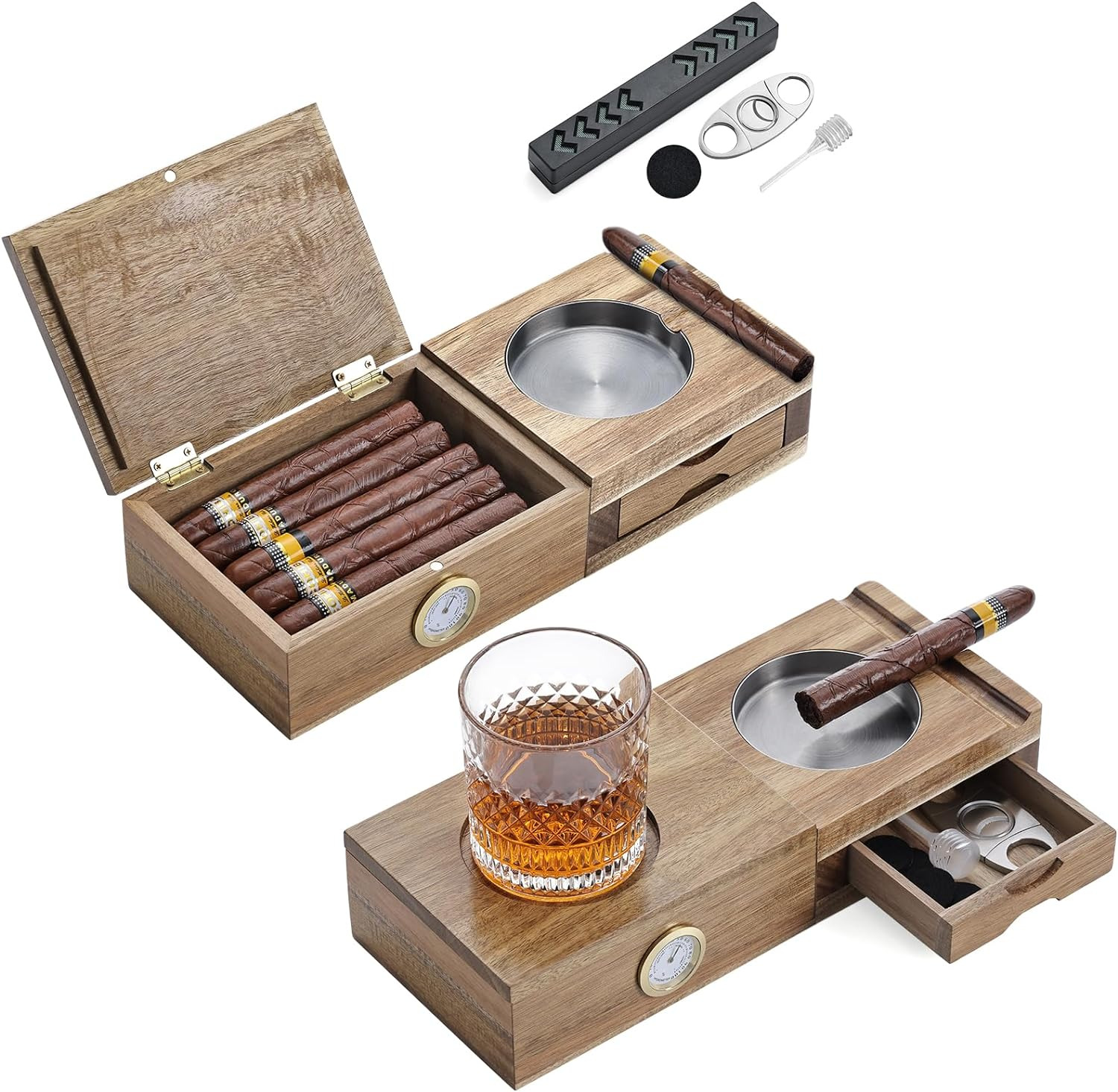 Joyoldelf Cigar Humidor Solid Wood Cigar Set Ashtray,5-In-1 Cigar Humidor Box wi