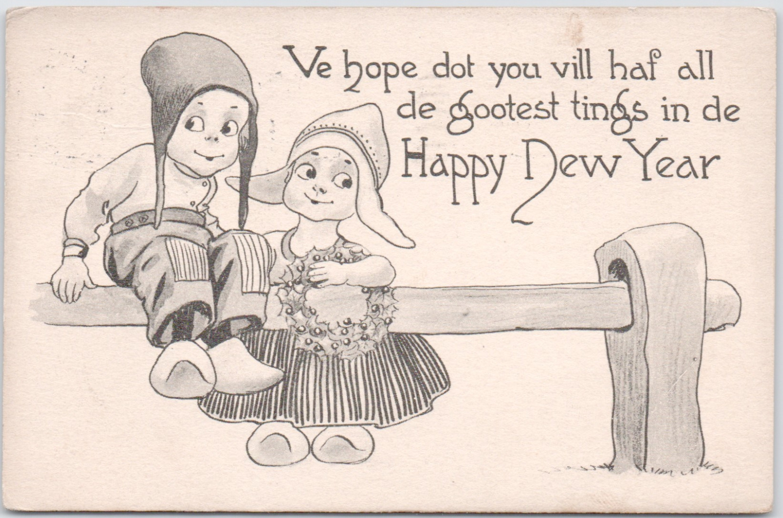 Vintage Happy New Year Dutch Boy Girl Dress Wreath Holly 1913 Antique Postcard