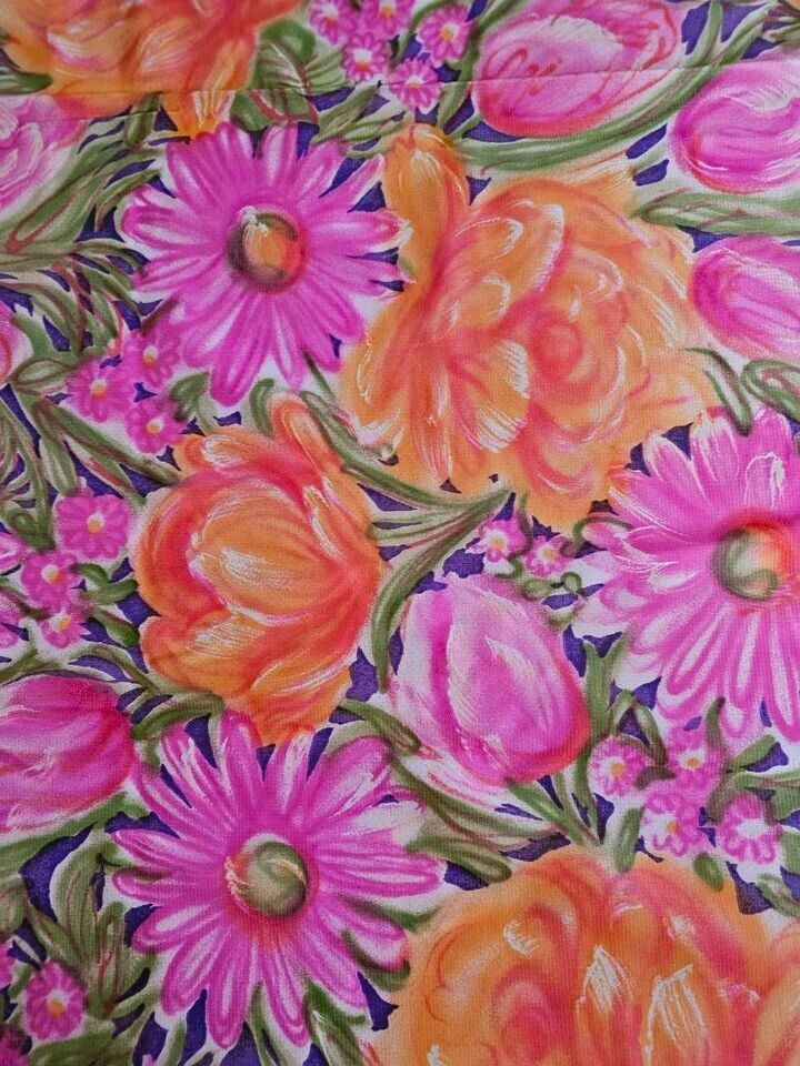 VTG 70s BRIGHT BOLD FLORAL FABRIC Pink Orange Purple KNIT 2.25 YARDS Largescale