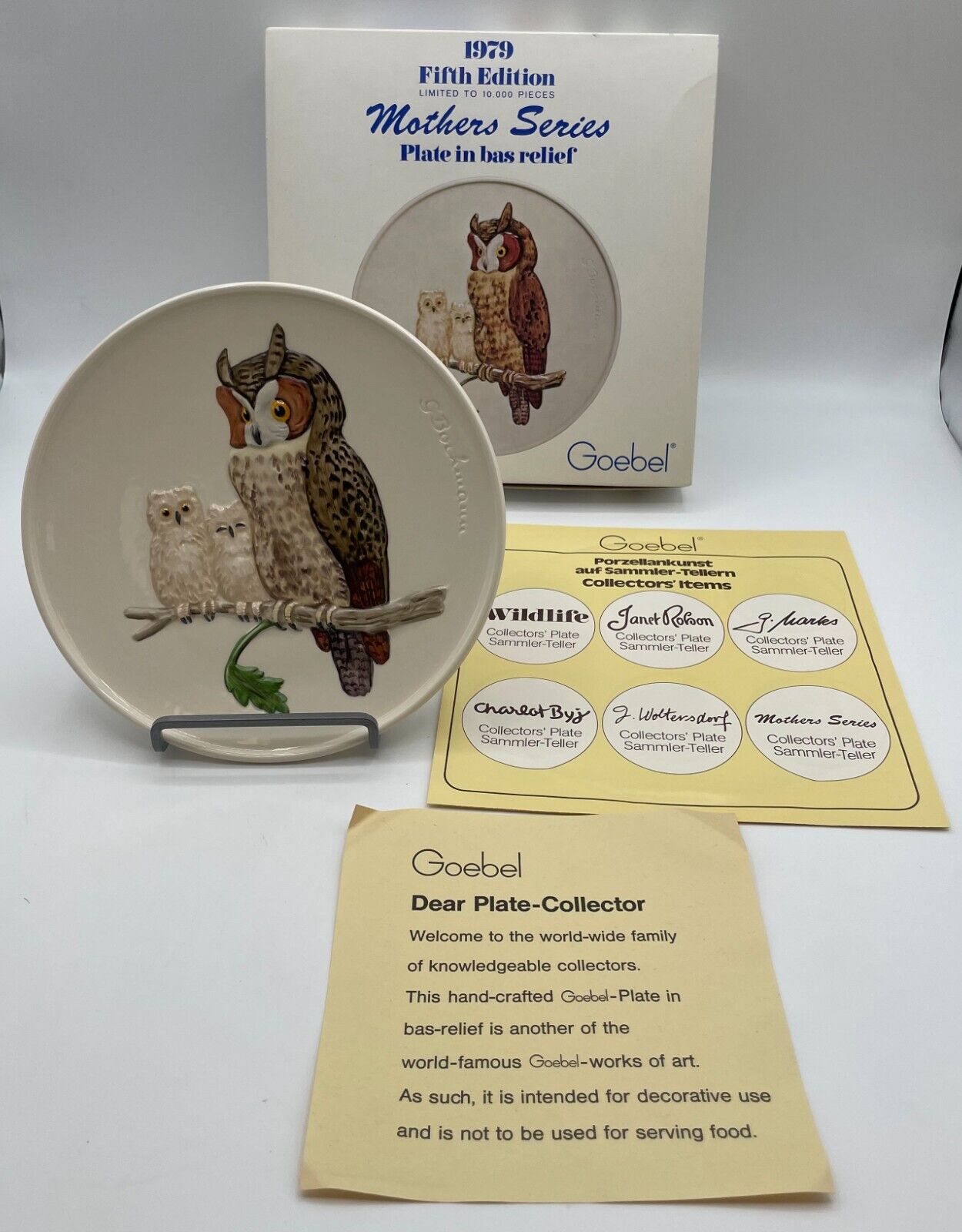1979 Goebel Ceramic Mothers Series Owls Fifth Edition Bas Relief Plate NIB