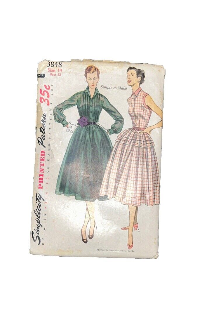MCM 1952 Simplicity Lady\'s 1-Pc Dress w/ Pleat Option Pattern 3848 Size 16 Cut