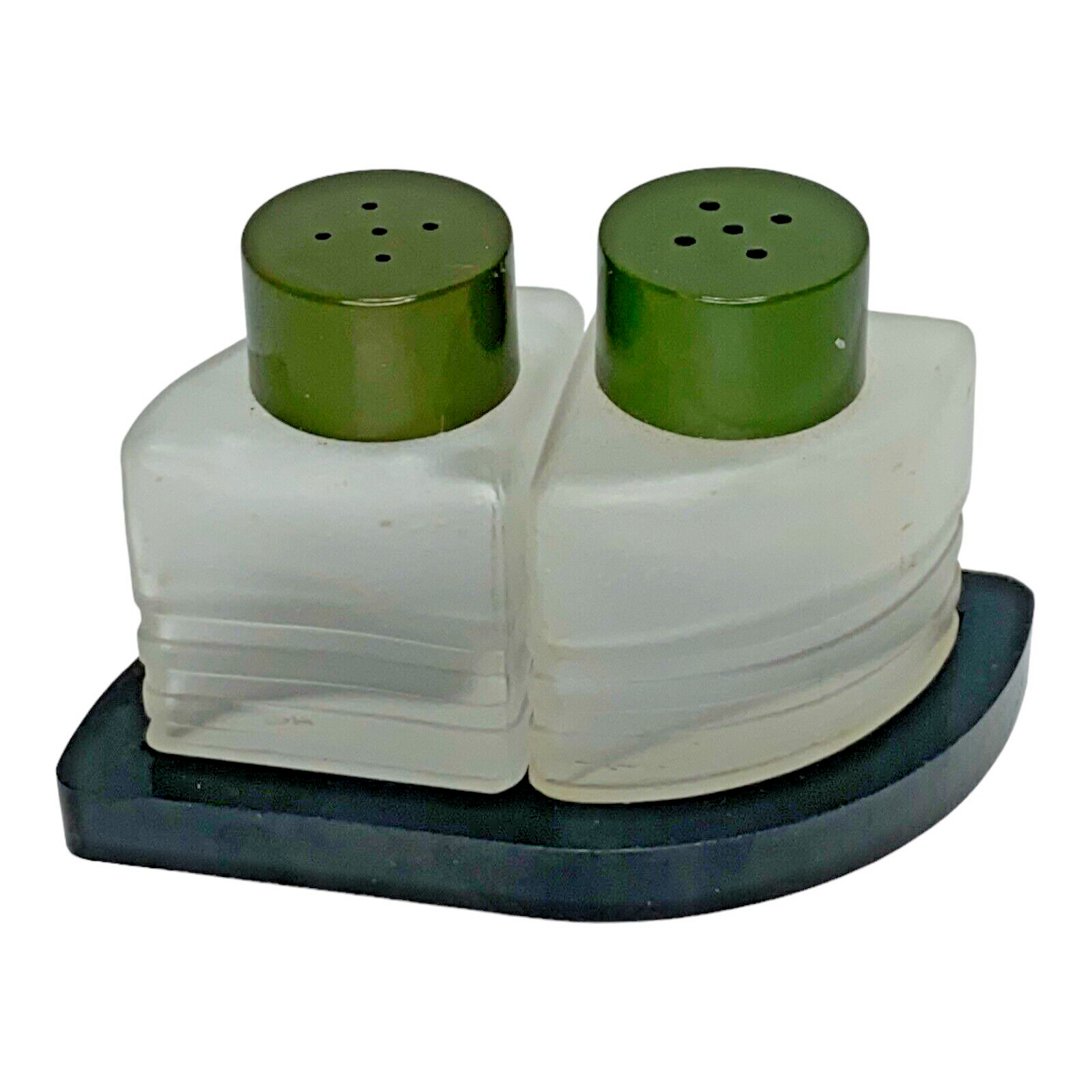 Art Deco Frosted Glass Lettuce Green Top Small Vintage Salt Pepper Shakers Caddy