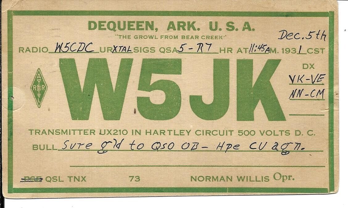 QSL  1931 Dequeen Arkansas    radio card