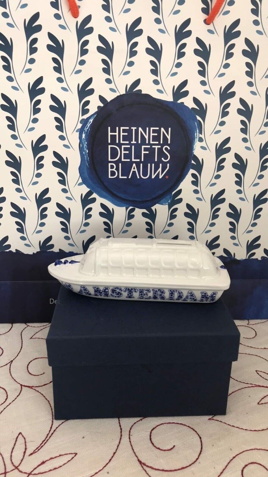 NEW Heinen Delfts Blauw Blue/White I LOVE AMSTERDAM Canal Boat House Coin Bank