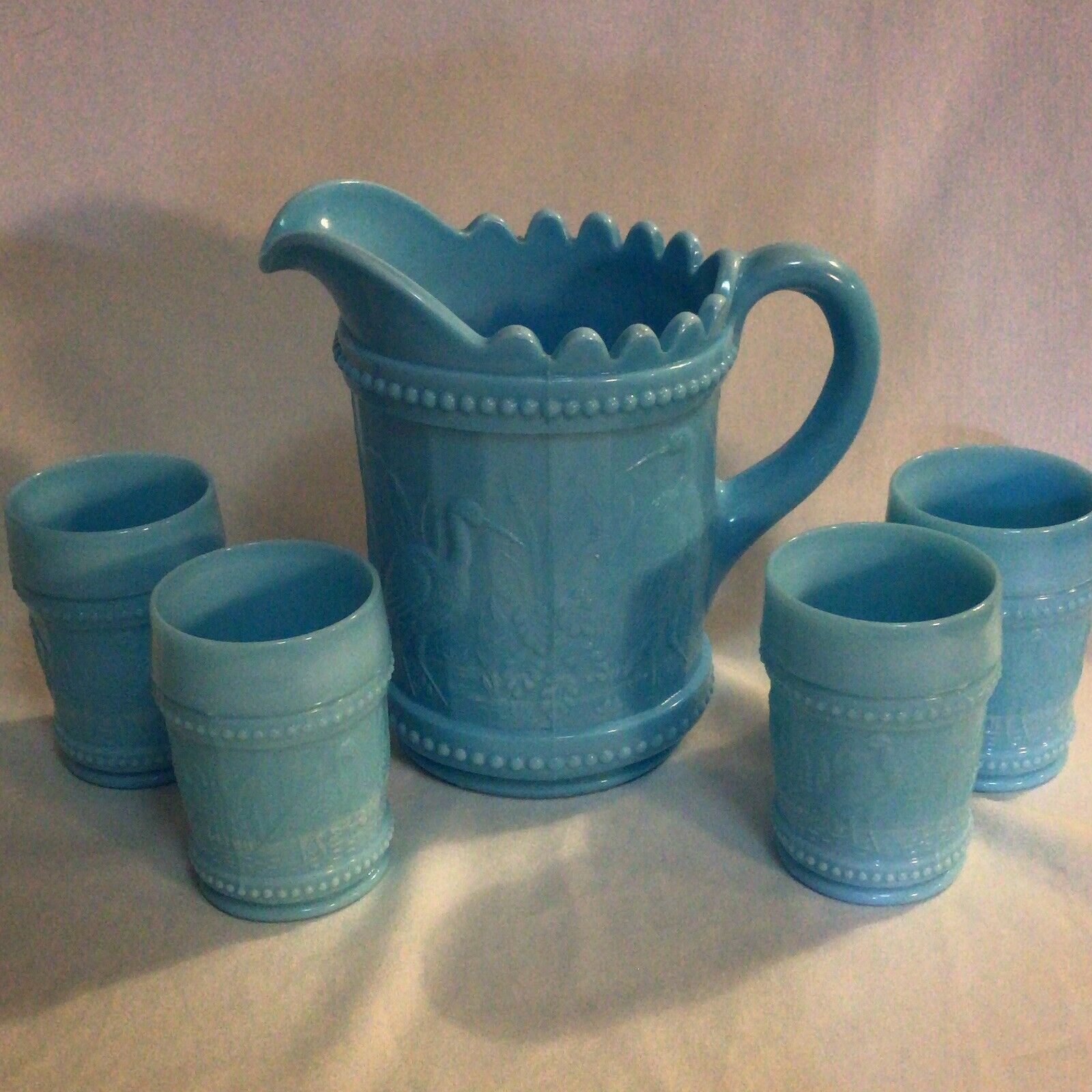 Antique LG Wright Water Set “Stork In Rushes” Blue Milkglass Pitcher 4 Tumblers
