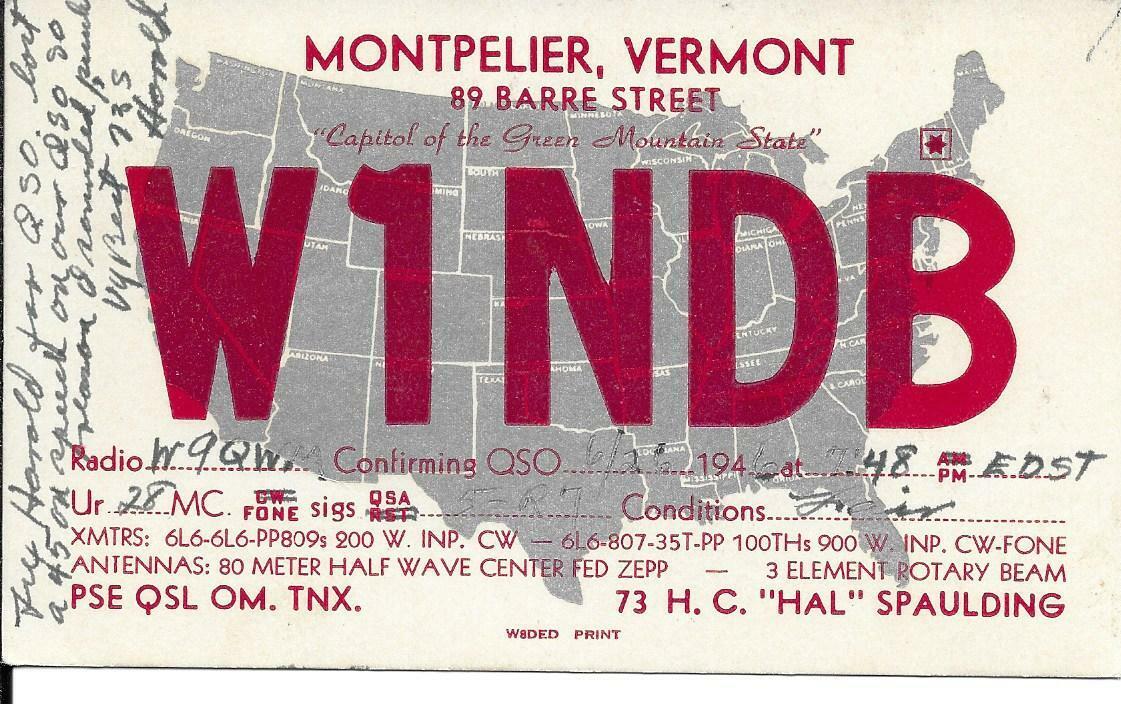 QSL  1946 Montpelier   VT   radio card   