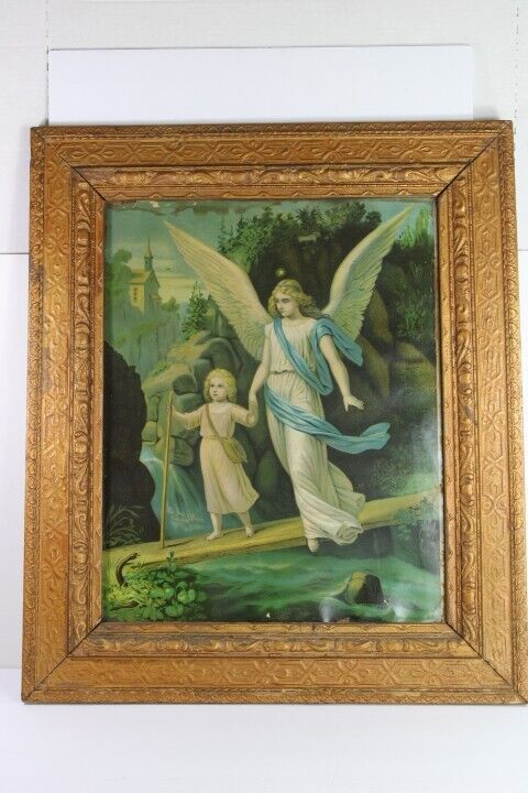 ANTIQUE VICTORIAN PICTURE FRAME GOLD GILT WOOD GUARDIAN ANGEL 27\'\' X 23\'\'