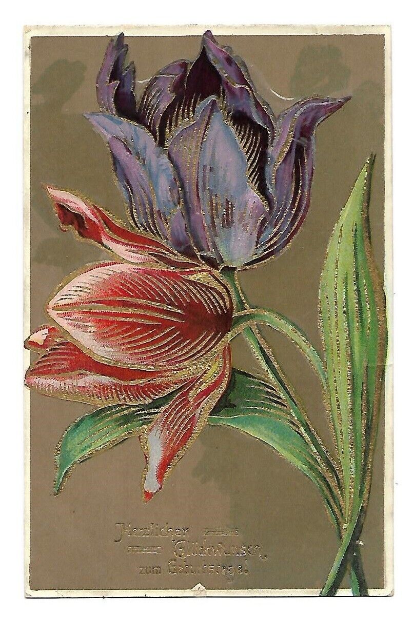 Antique ASB German Postcard ~ Embossed Flowers ~ Birthday/Herzlichen Gluckwunsch