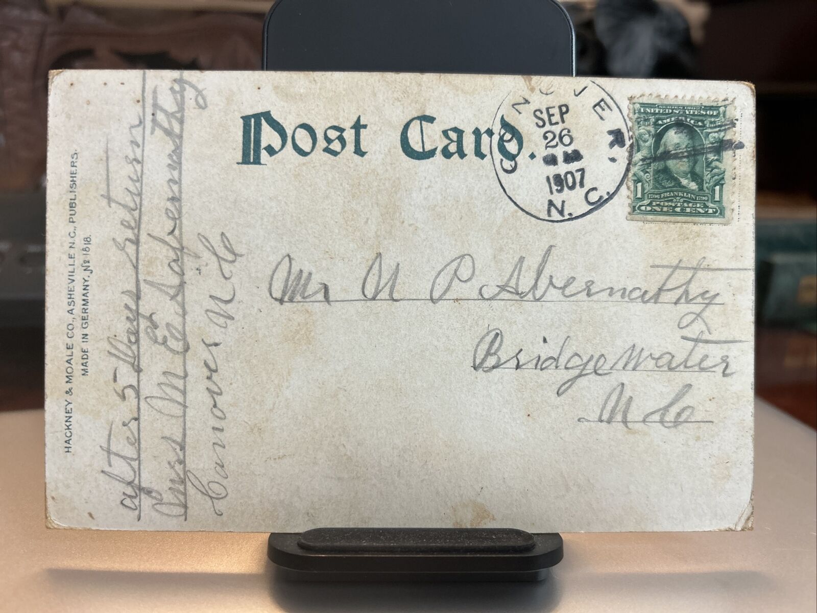Below the Biltmore Bridge Asheville N. C. Postcard 1907 Doane Cancel CONOVER NC