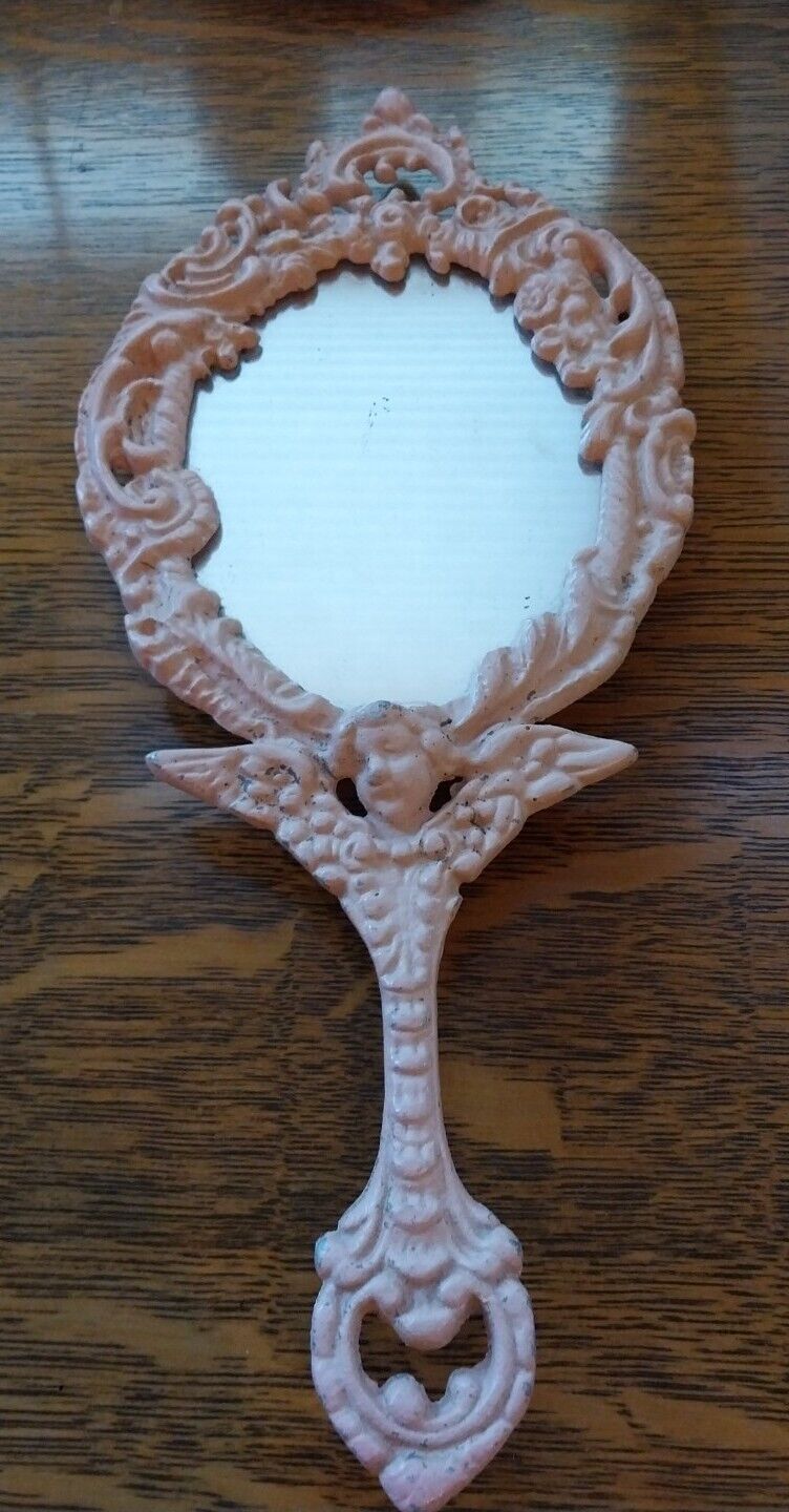 Vintage Cast Iron EMIG Antiqued Pink Baroque Cupid Hand Mirror.  