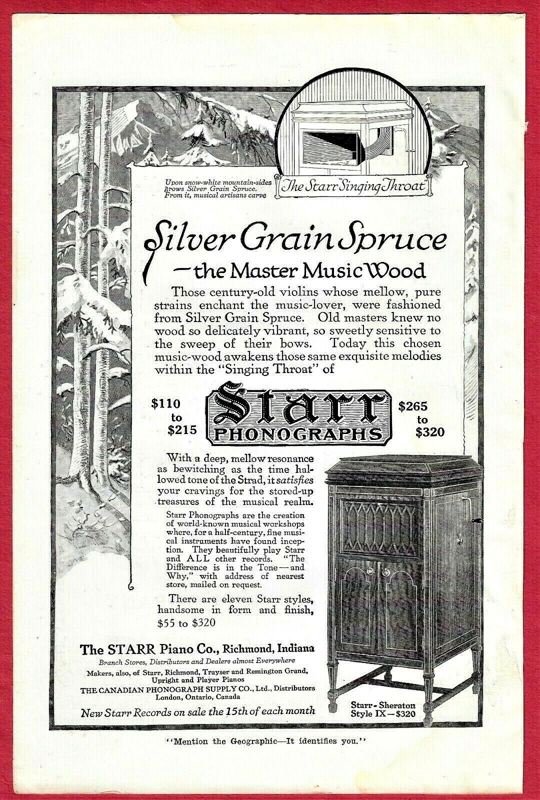 1917 STARR PHONOGRAPH AD ~ STARR PIANO COMPANY, RICHMOND, INDIANA
