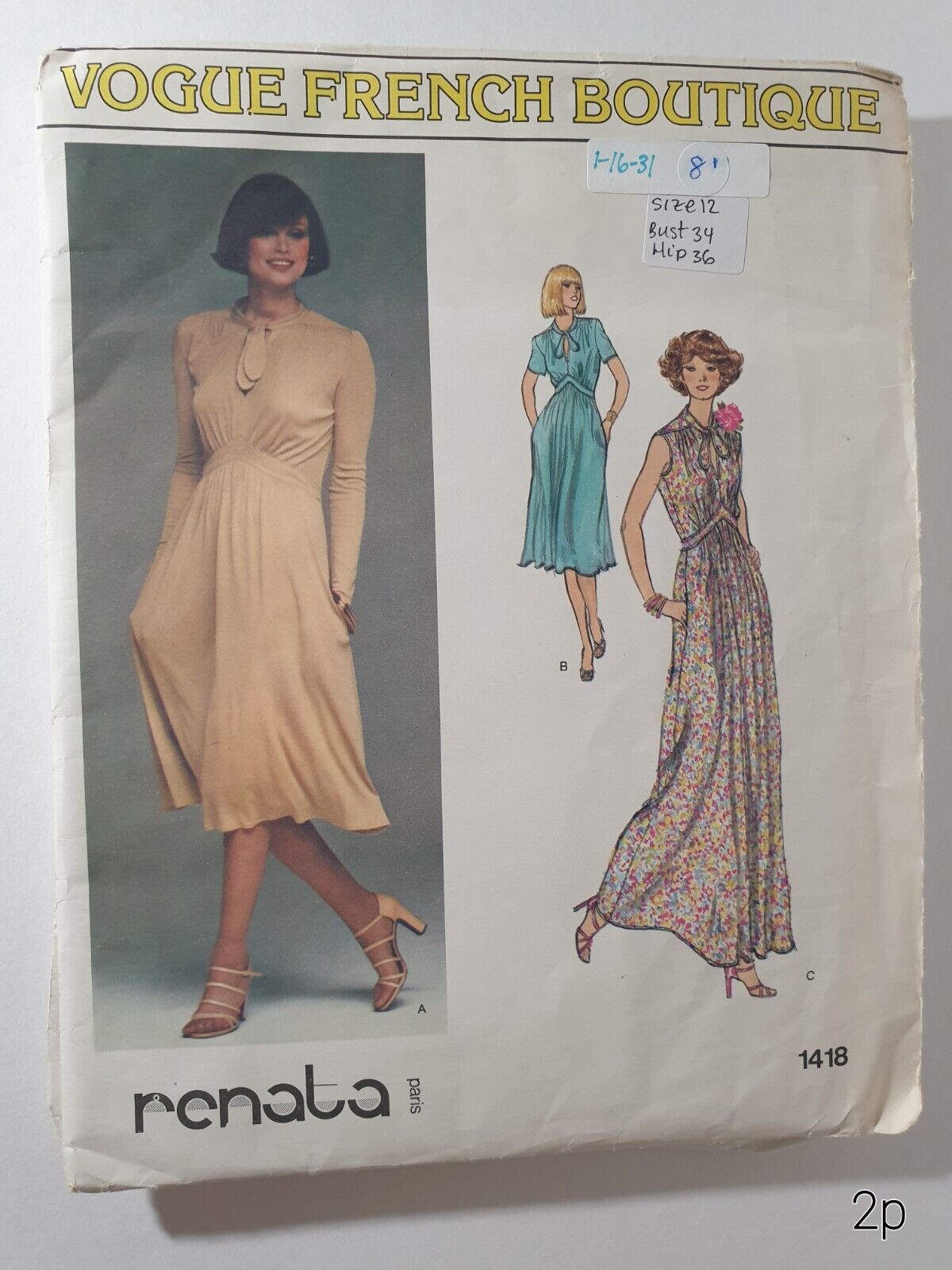 Vogue 1418 Vintage 70s Style Renata Dress Sewing Pattern Uncut Size 12