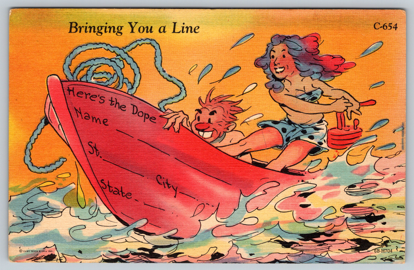 Bringing You A Line Write Away Busy Man Dope Boat Comic  c1940s Vintage Postcard