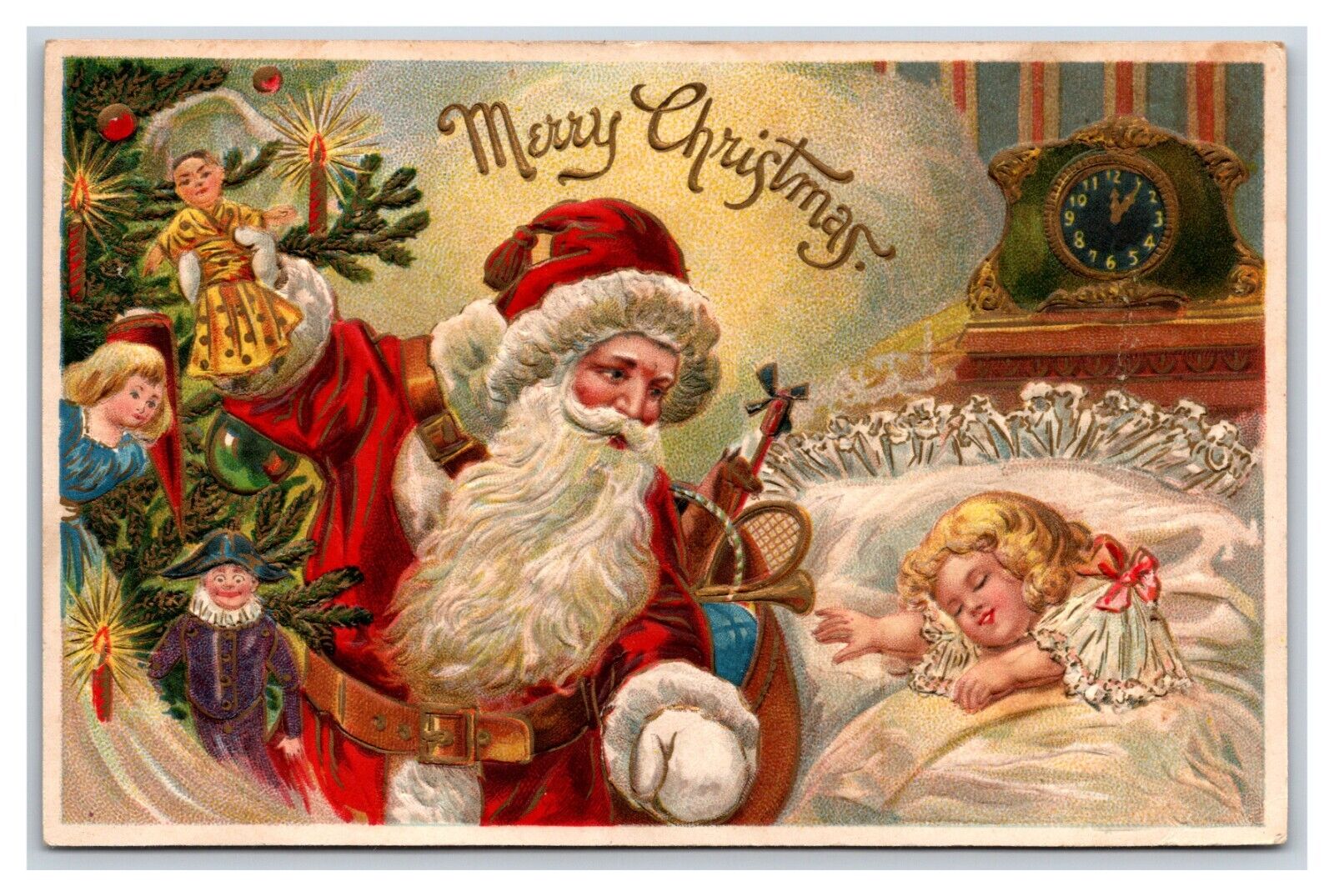 Santa Claus in Satin Sleeping Child Christmas Embossed Gilt UNP DB Postcard P25