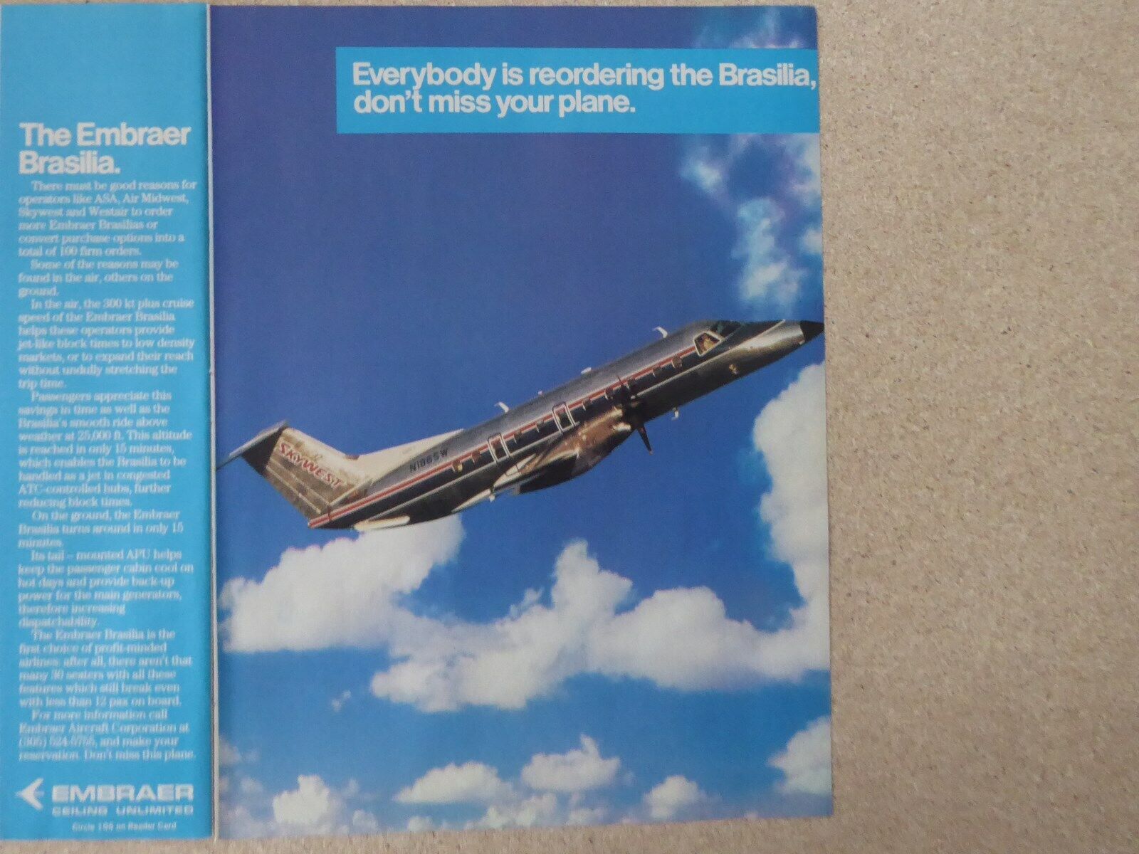 11/1987 PUB AIRCRAFT EMBRAER EMB-120 BRASILIA TURBOPROP SKYWEST N186SW ORIGINAL AD