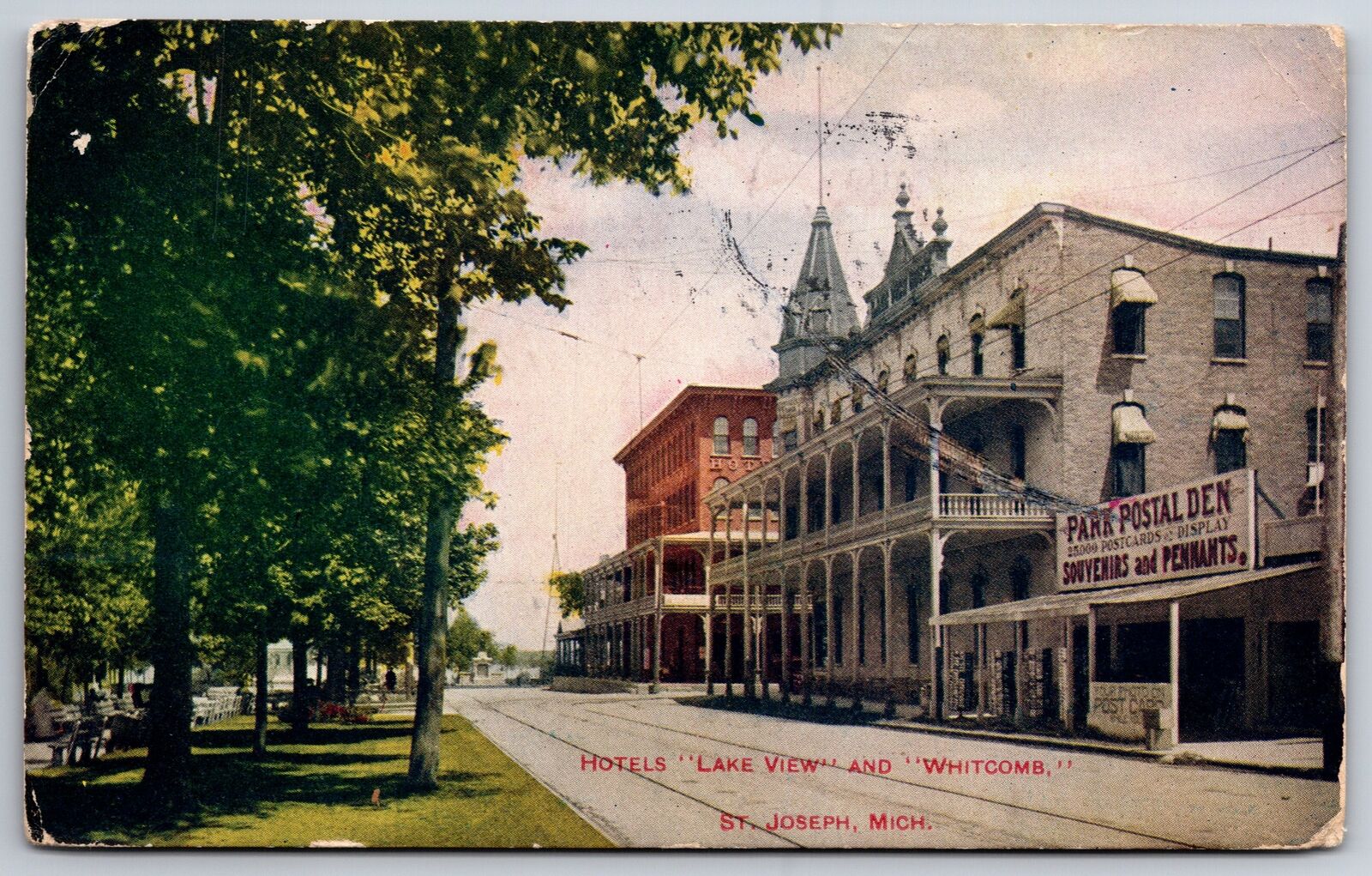 St Joseph Joe Michigan~Park Postal Den~Hotels Lake View & Whitcomb~1911 Postcard