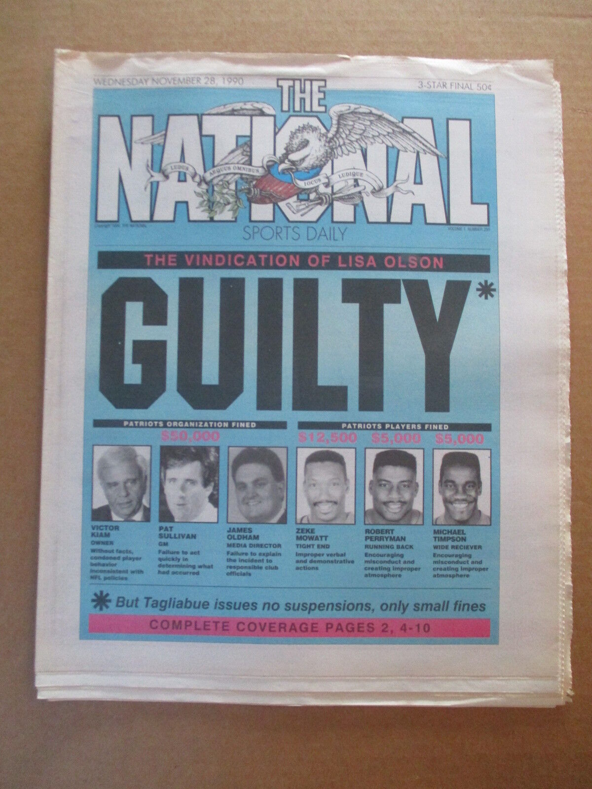 THE NATIONAL SPORTS DAILY NEWSPAPER NEW ENGLAND PATRIOTS GUILTY 11/28 1990