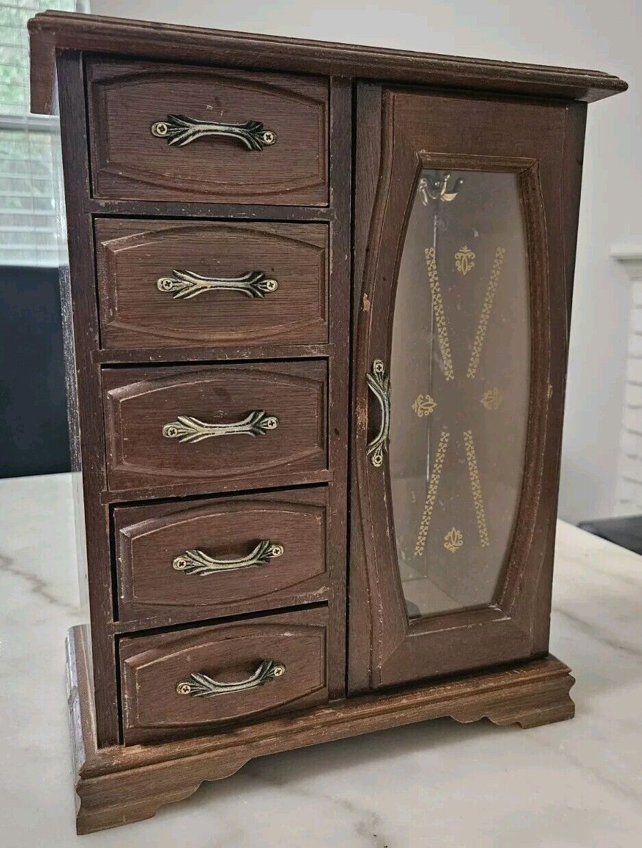 Vintage Wood & Medal Jewelry Box Dresser-Top 6 Drawer  (Not Sound) See Pictures 