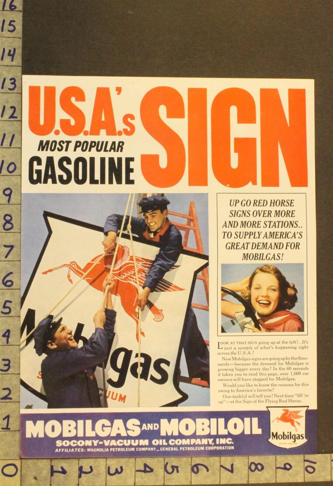 1938 AUTO EXXON MOBIL OIL GAS MECHANIC PEGASUS SIGN RED FLYING HORSE CAR AD WU53