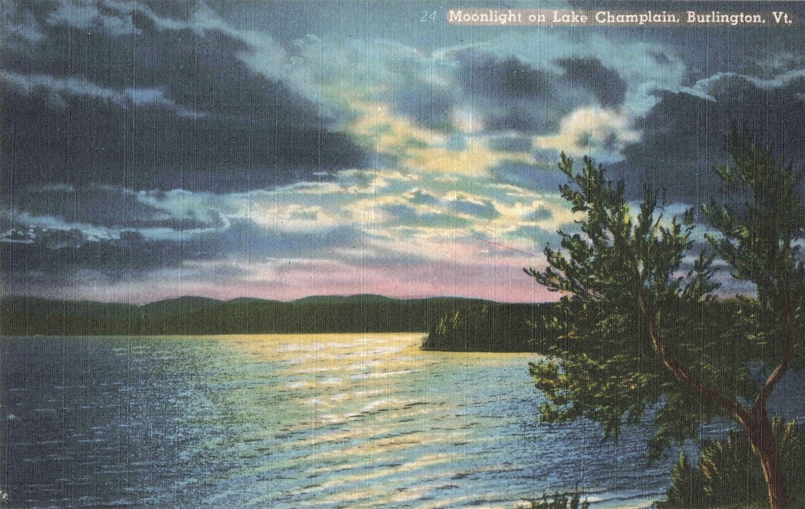 Moonlight on Lake Champlain Burlington VT Vermont c1930\'s Postcard E20
