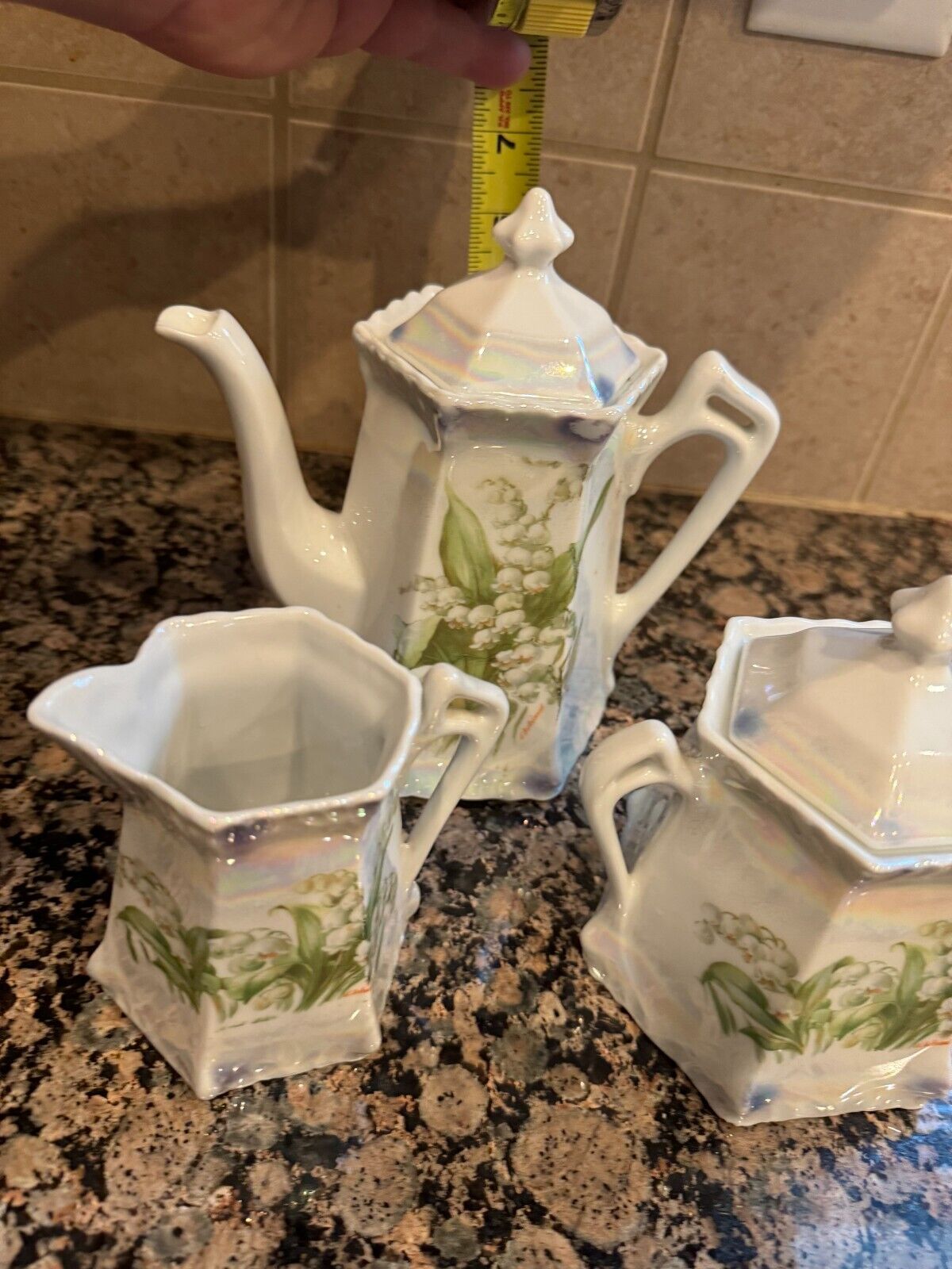 Antique German Lustreware Porcelain 3 piece teapot set-D\'Aubriand Lily decor