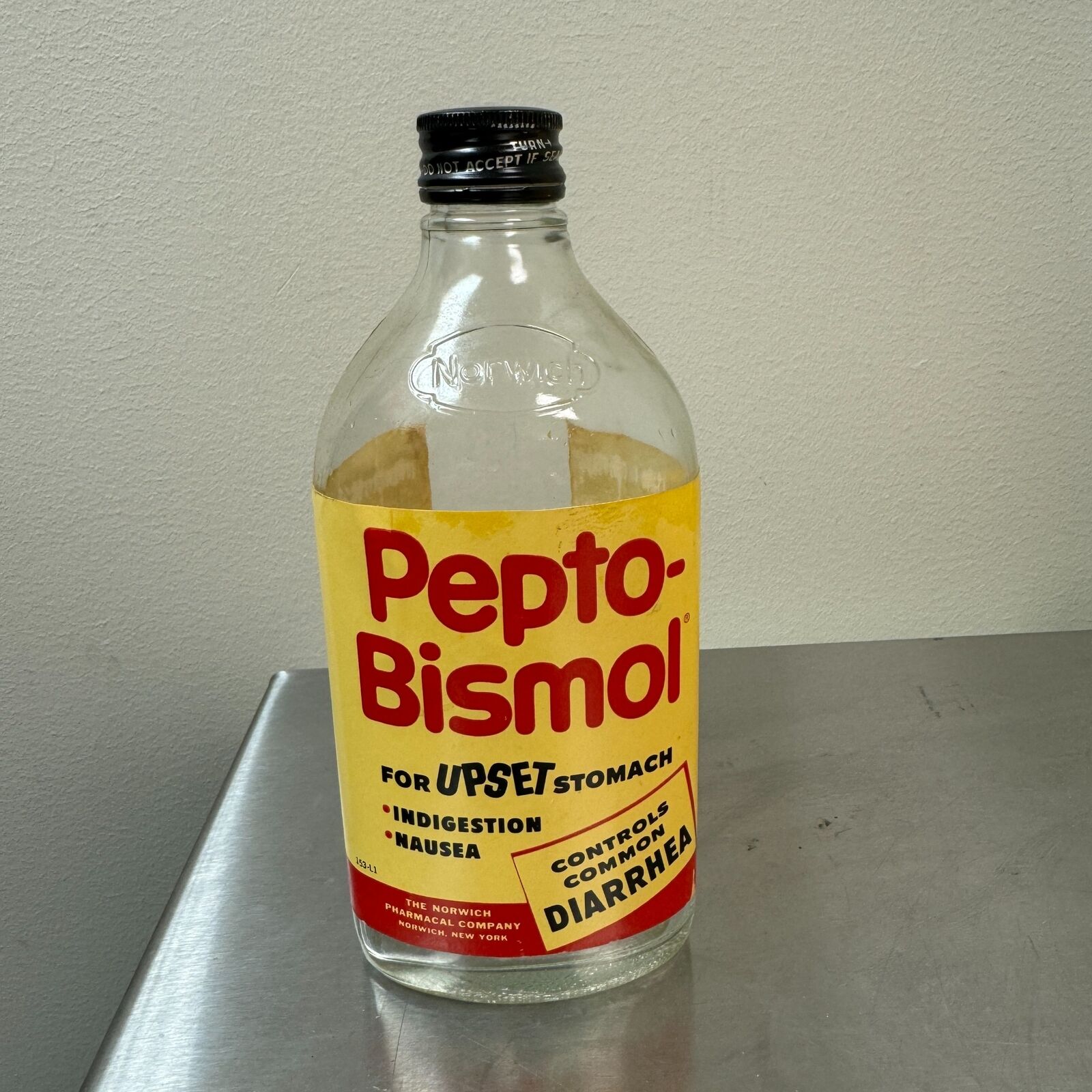 VTG c.1970s PEPTO BISMOL 3 Sided Glass Bottle w/ Paper Labels EMPTY Prop Display