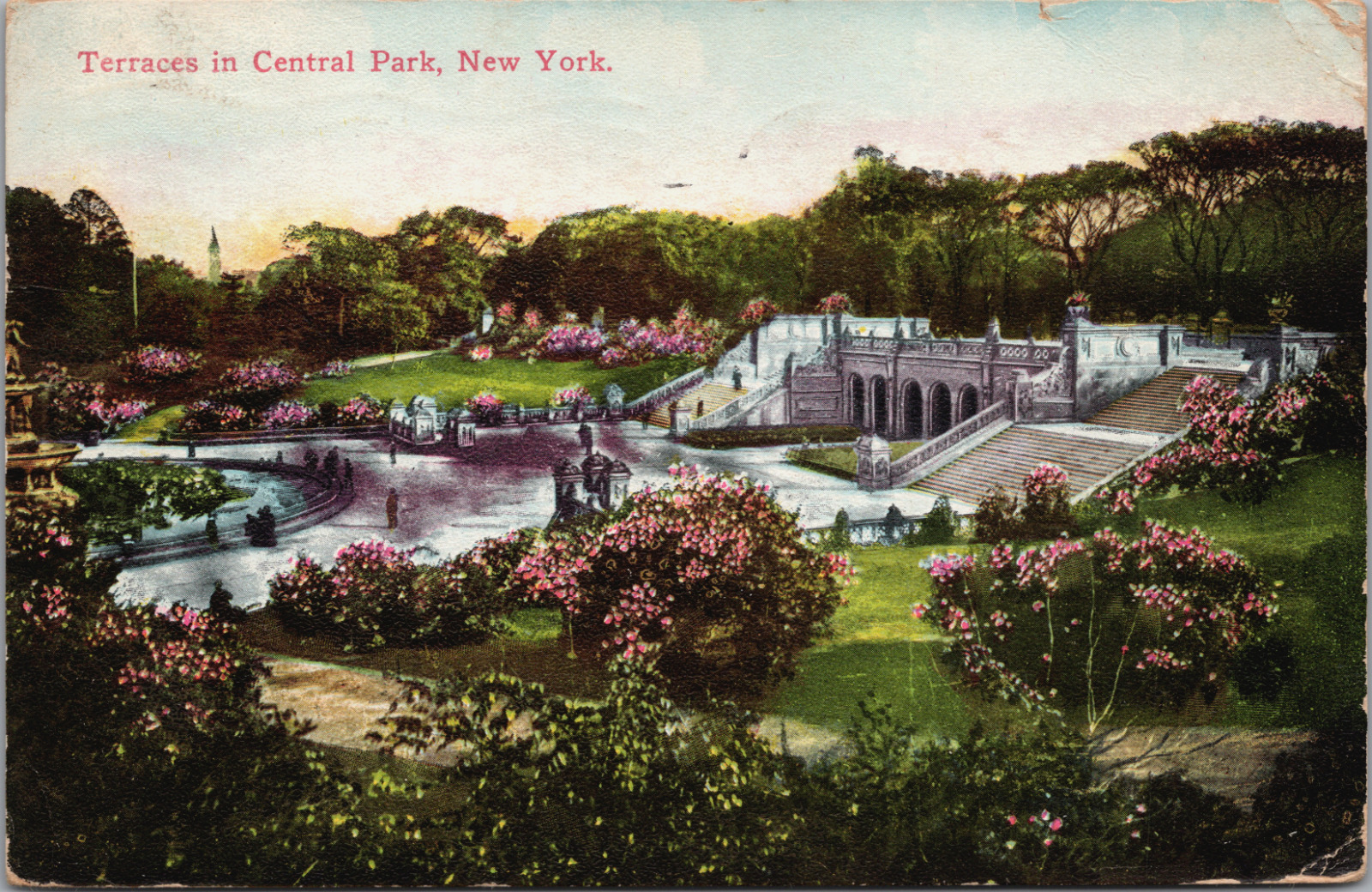 1911 Pink Floral Gardens Bethesda Terrace Fountain Angel Central Park NYC Vaux