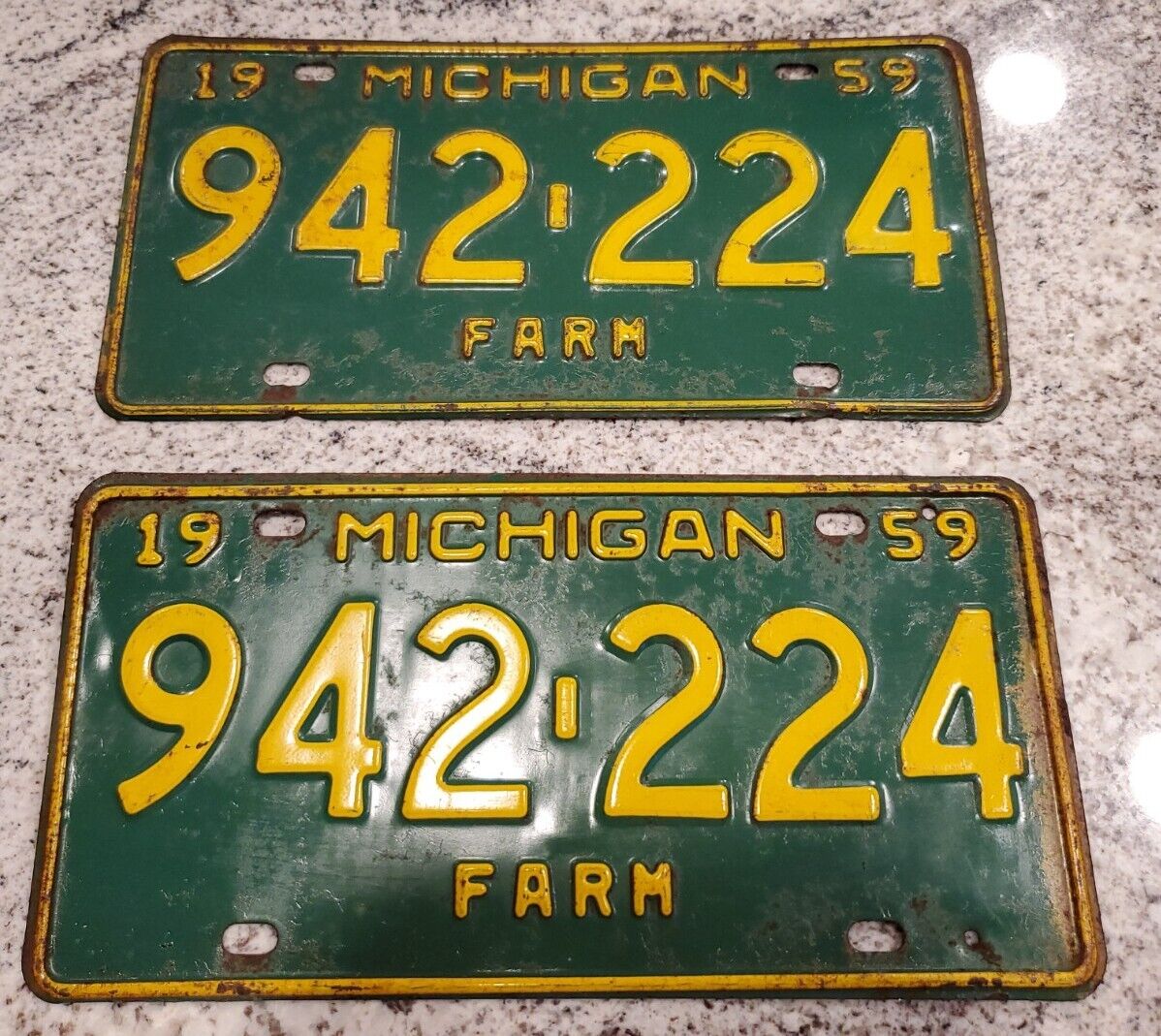 Antique 1959 Michigan Farm license plate Set