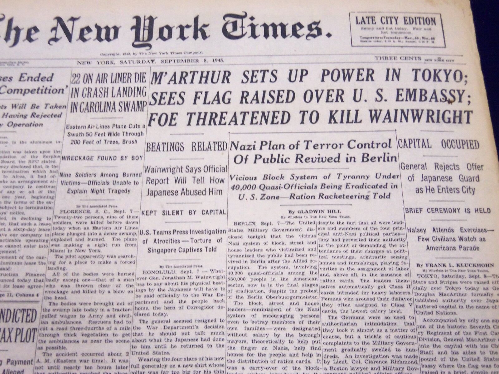 1945 SEPT 8 NEW YORK TIMES - M'ARTHUR SETS UP POWER IN TOKYO - NT 262