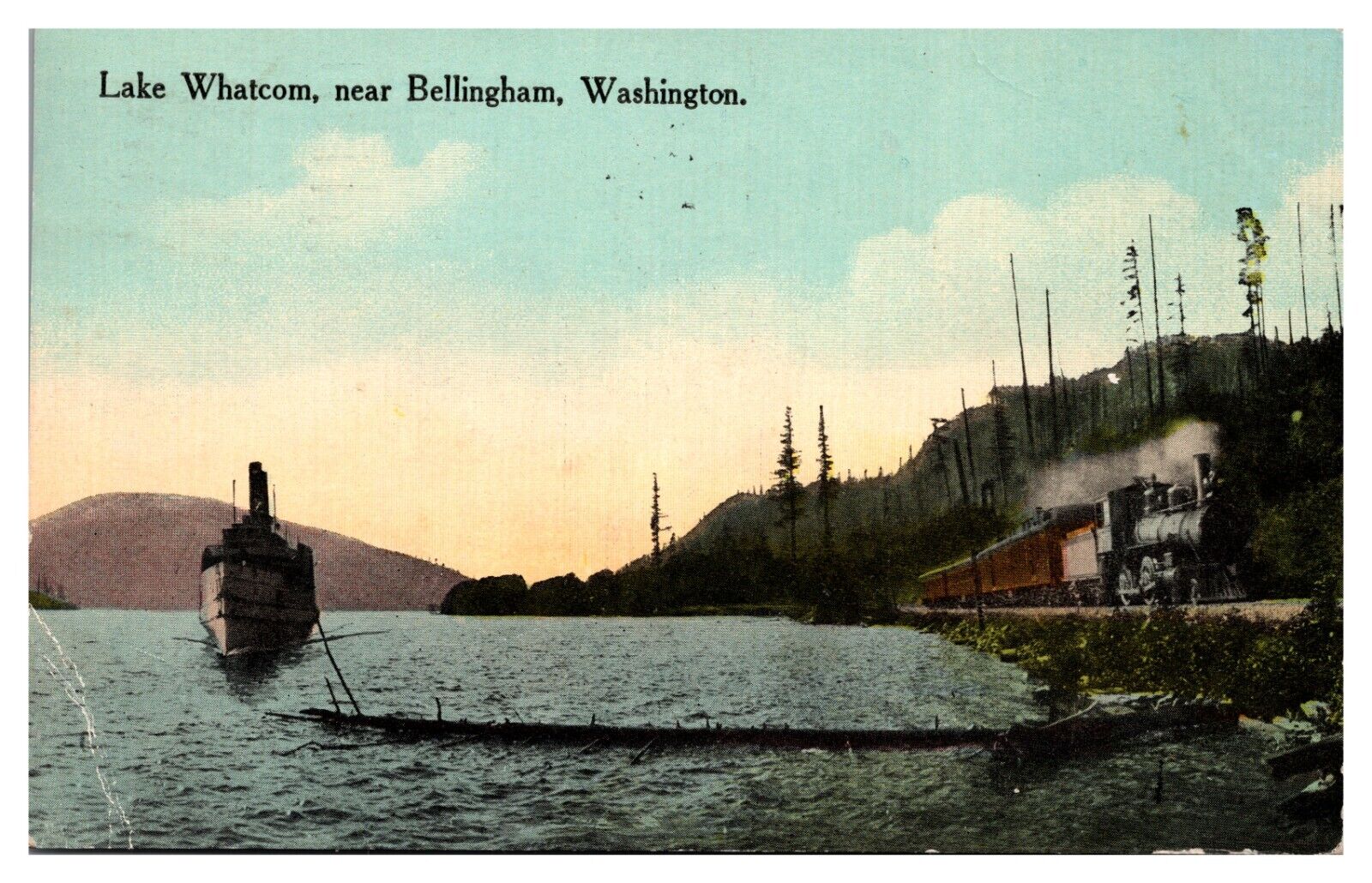 Lake Whatcom Bellingham Washington Train Railroad and Ship Boat C1914  Postcard