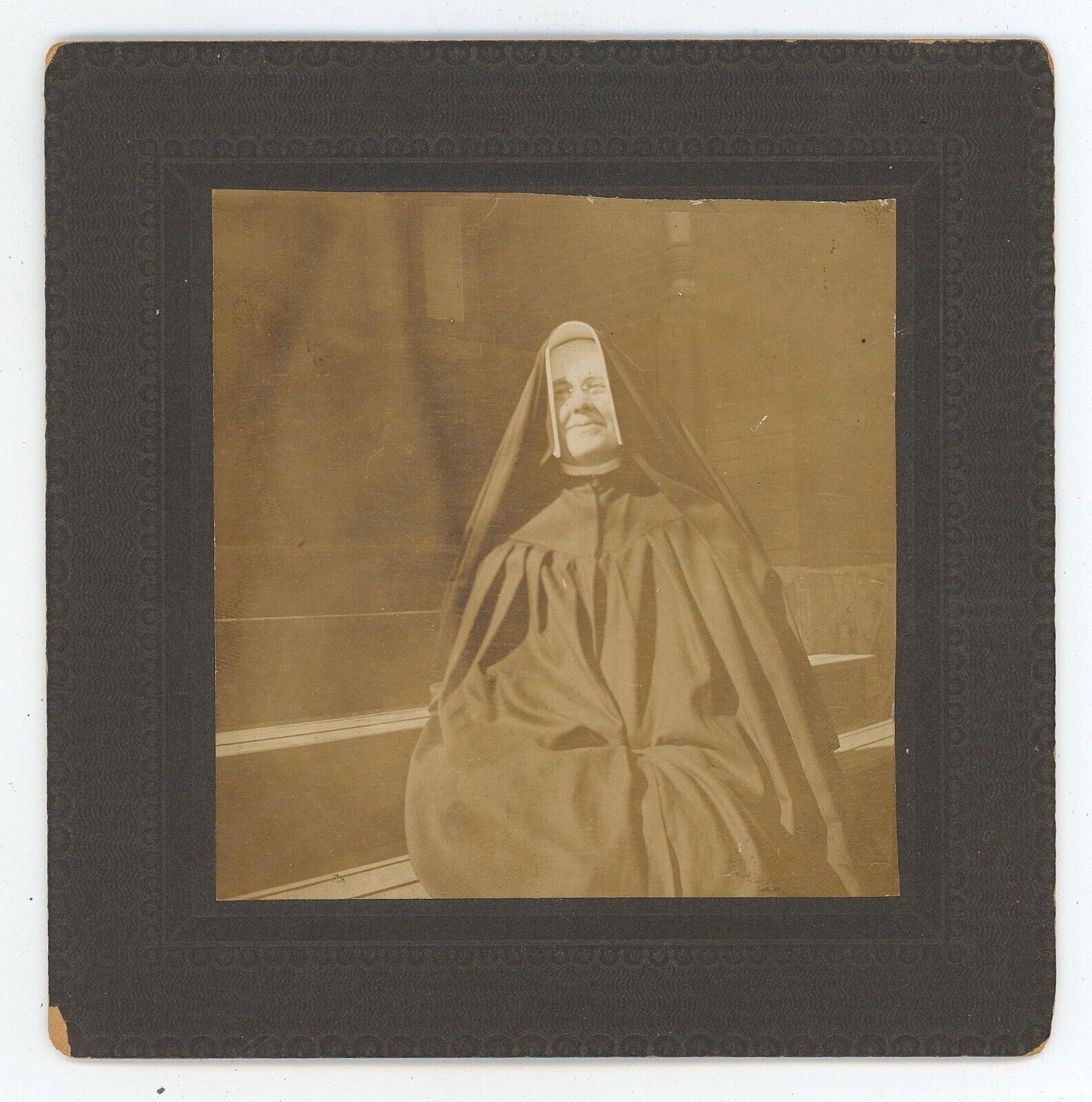 Antique Circa 1880s UNIQUE Square Cabinet Card Featuring Smiling Nun in Habit