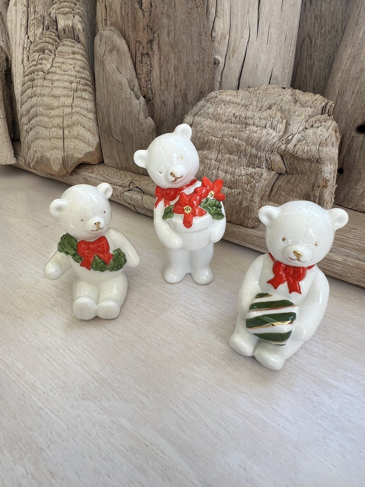 Schmid Bone China Christmas Bear Figurines Set Of 3 Nice Quality Mint (F)