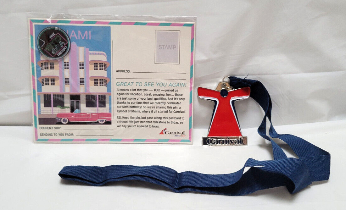 Carnival VIFP Club Pin 2023 & Medal - 50th Birthday Celebration Miami Postcard