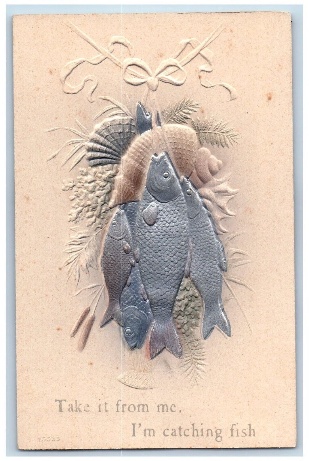 c1910's Catches Fishes Shells Airbrushed Embossed Unposted Antique Postcard