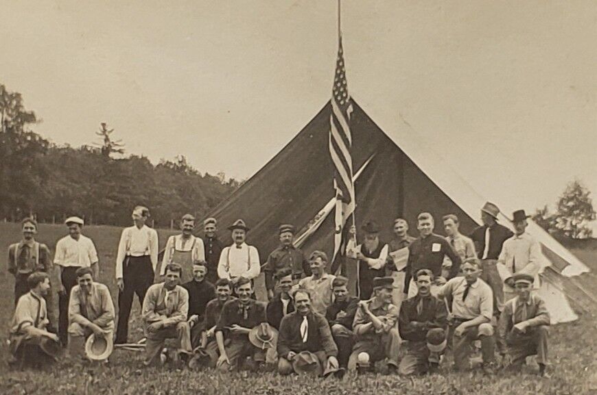 RPPC Pennsylvania Camp Men Reunion or Retreat US Flag Tents Postcard E15