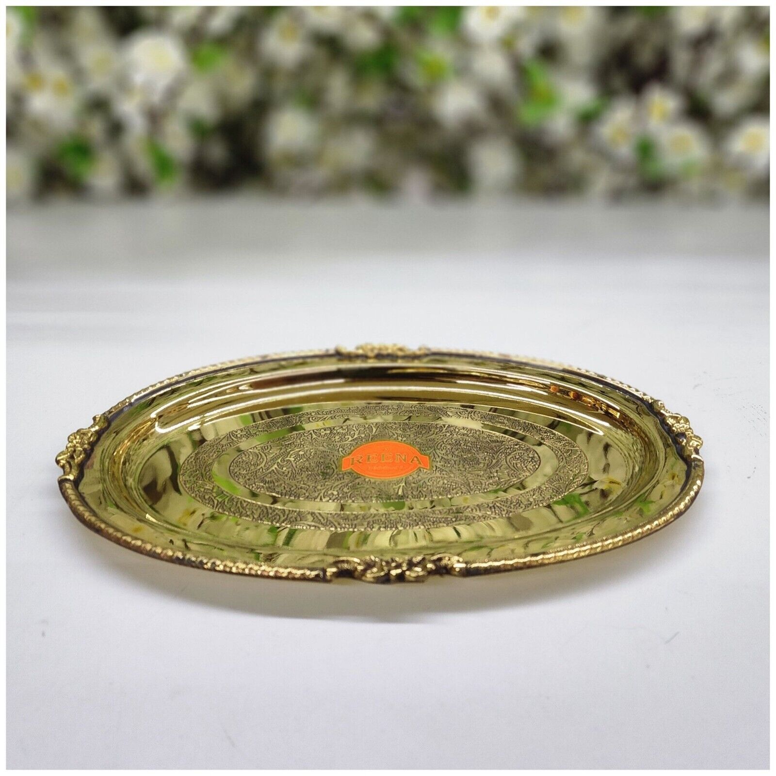 Brass Tray Oval Serving Tray Handcrafted Coffee Tray Decorated Engraved Tray