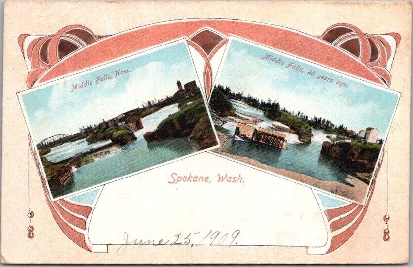 Vintage SPOKANE Washington Postcard Middle Falls / Two Views - 1909 WA Cancel