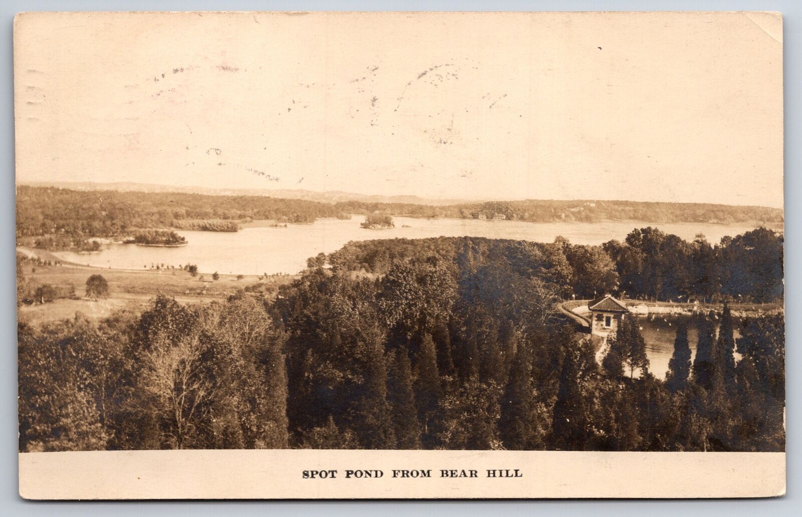 Malden Massachusetts~Spot Pond @ Bear Hill Birdseye View~1912 RPPC