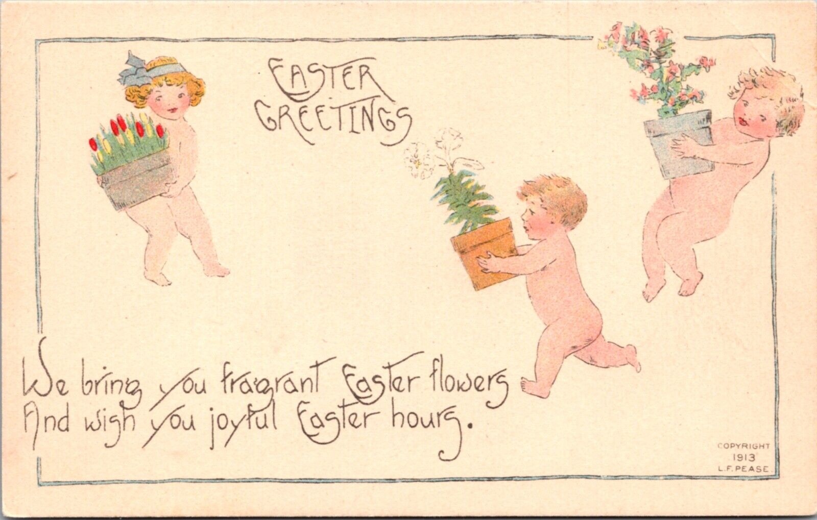 Easter Postcard Cupid Angels Carrying Pots of Flowers