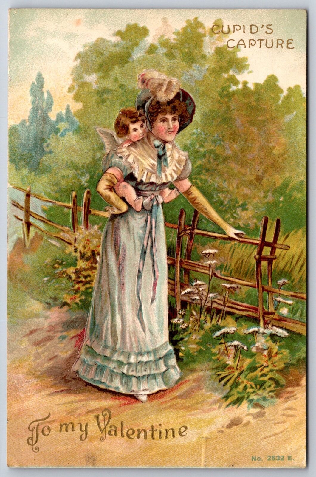 Valentine~Cupid\'s Capture~Hugs Victorian Lady\'s Back~She Grabs Fence~Emboss~1910