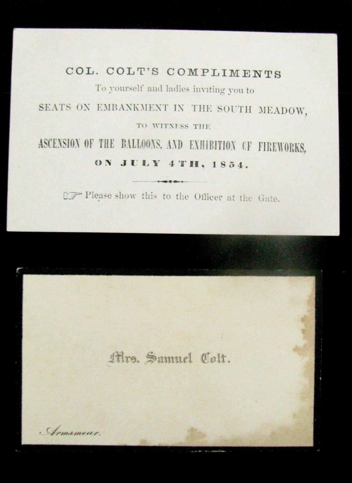 COLONEL SAMUEL COLT BALLOON ASCENSION INVITATION HARTFORD CONNECTICUT 1854