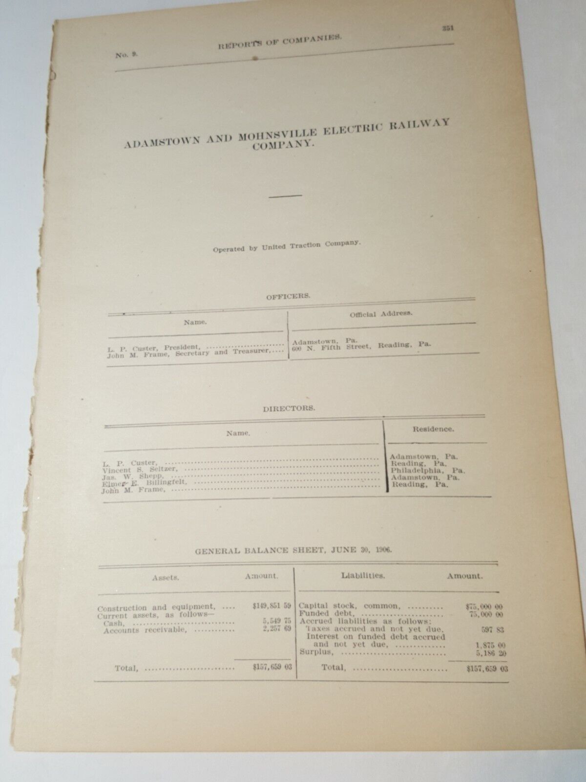 1906 Electric Trolley document ADAMSTOWN & MOHNSVILLE RAILWAY Streetcar PA