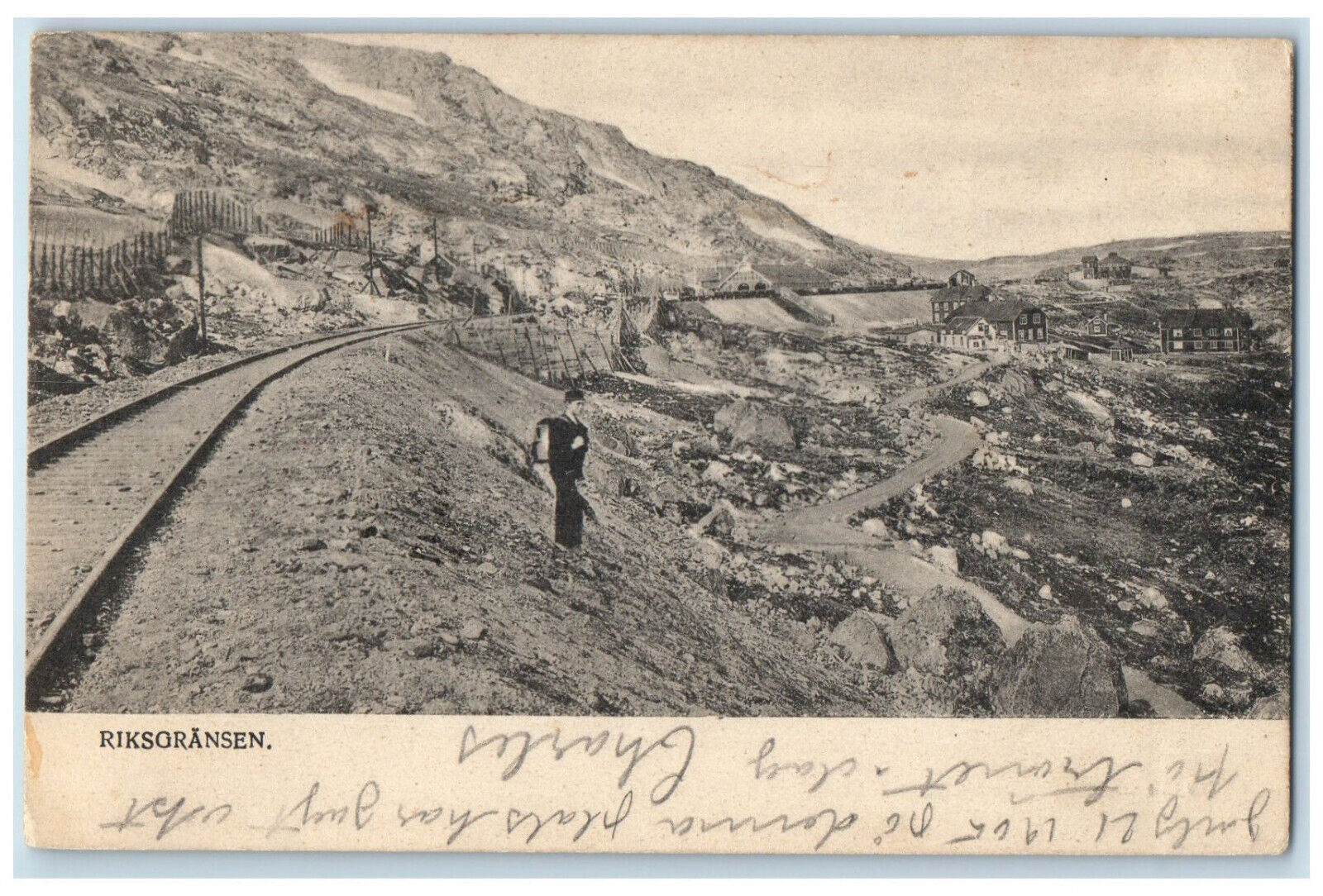 c1905 Railway Man Walking Scene Riksgransen Sweden Posted Antique Postcard