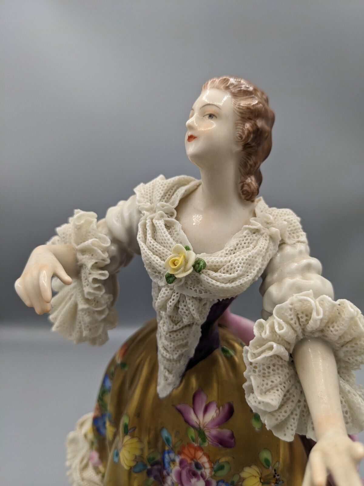 Vintage Large German Volkstedt Porcelain Lace Figurine Dancer in Golden Dress 9\