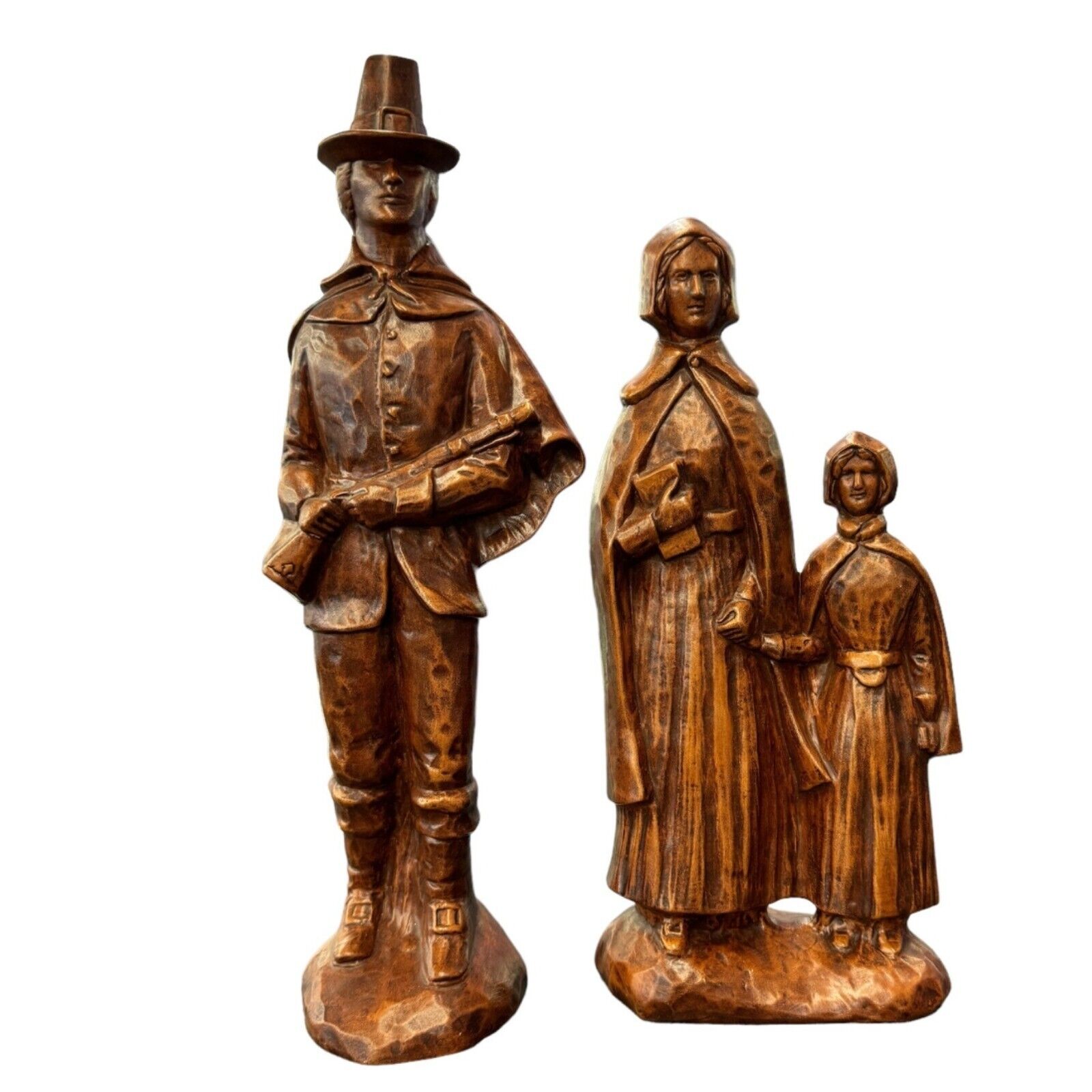 Vtg 1970s Ceramic Pilgrim Family Figurines Set Of 2 Rustic Thanksgiving Decor